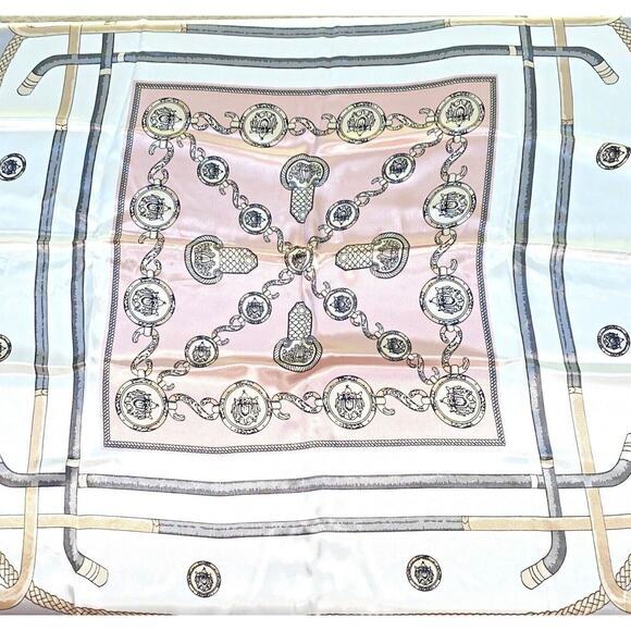 Silky feel scarf 27” square pink & gray on white designer chic motif elegant - Picture 3 of 8